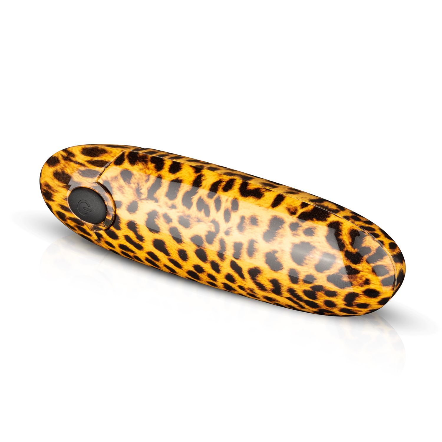 Vibratore con fantasia leopardata. Forma ovale. Pulsante nero. Su sfondo bianco.