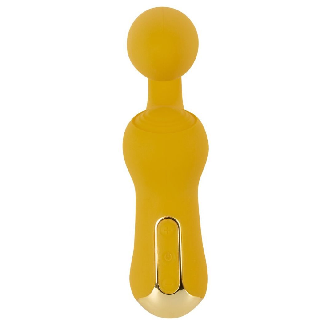 Vibratore giallo dalla forma curva, accento dorato e pulsanti di controllo.