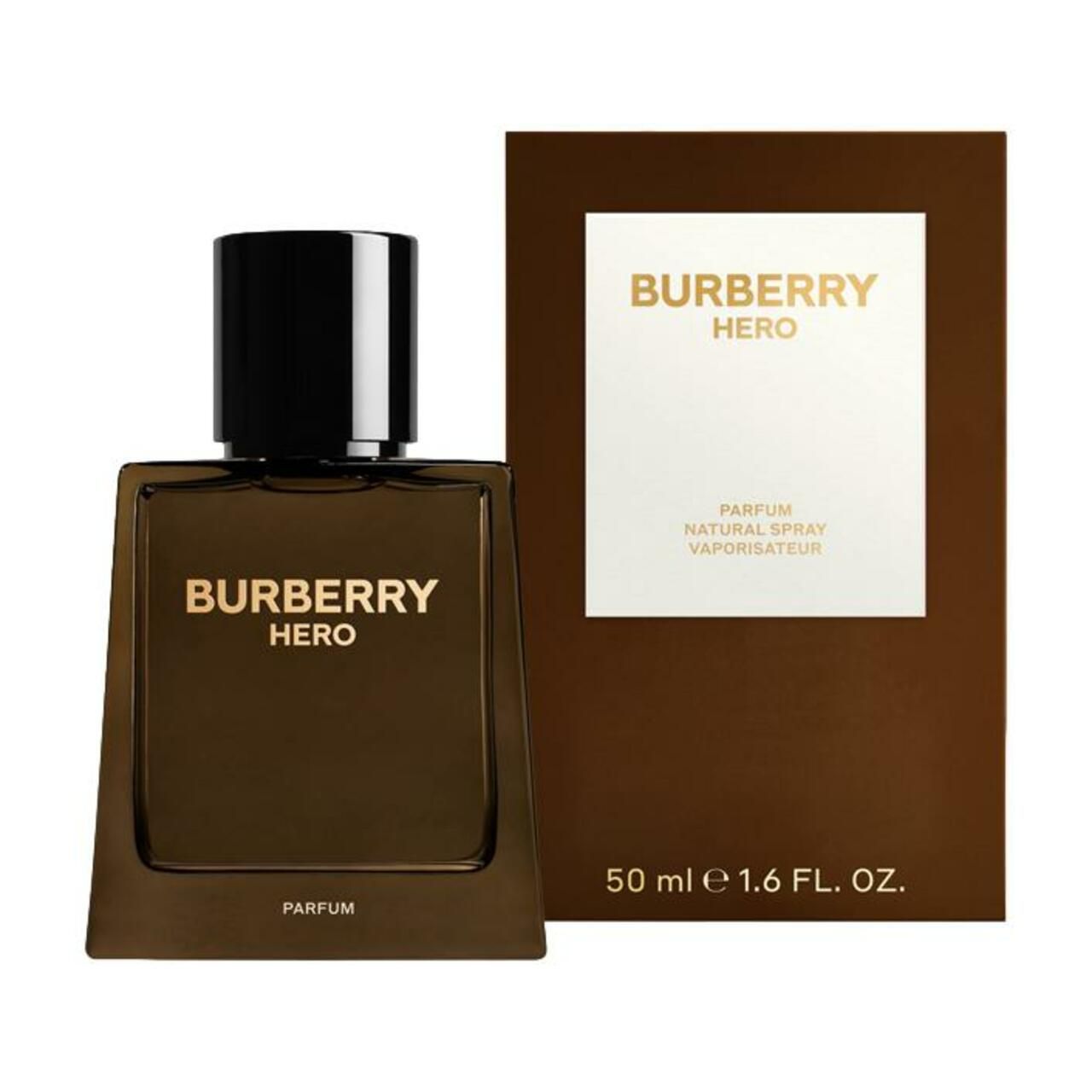 Burberry Hero Parfum Nat. Spray e confezione. Flacone quadrato, tappo nero. Scritta dorata. Confezione marrone.