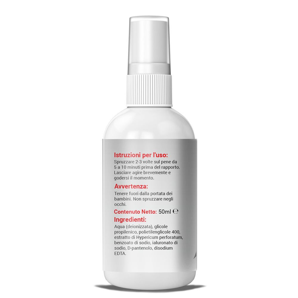 Retro di un flacone spray bianco. Testo: Istruzioni per l'uso, Avvertenze, Ingredienti. Contiene Aqua, Propylene Glycol, Polyethylene Glycol 400, etc.