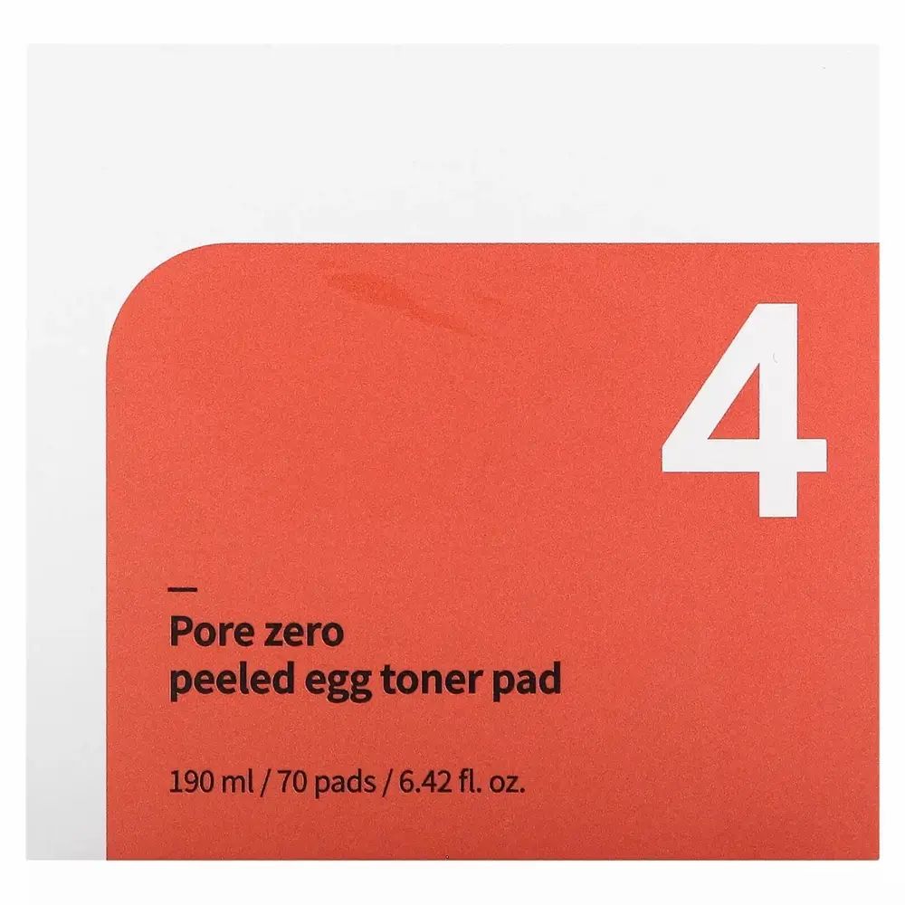 Sfondo rosso con numero 4 bianco. Testo: Pore zero peeled egg toner pad. 190 ml / 70 pads / 6.42 fl. oz.