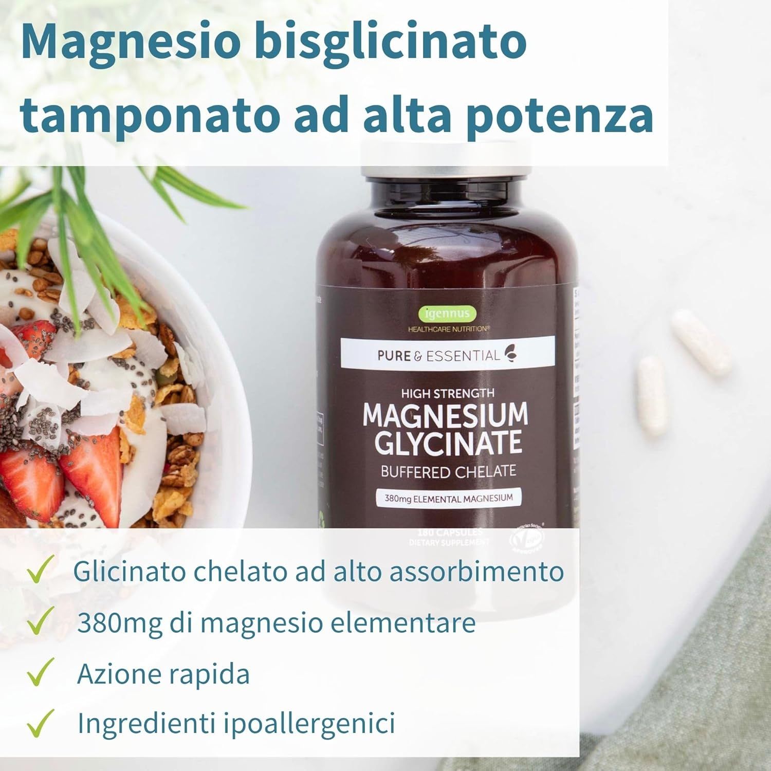 Igennus Magnesio Bisglicinato Chelato 380mg Puro Glicinato Supporta Sonno, Muscoli e Sistema Nervoso