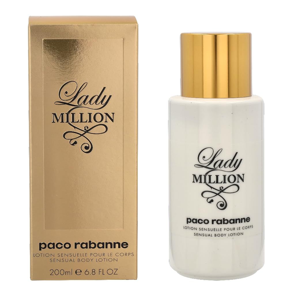 Flacone bianco e confezione dorata. Scritta Lady Million e Paco Rabanne. Sensual Body Lotion.