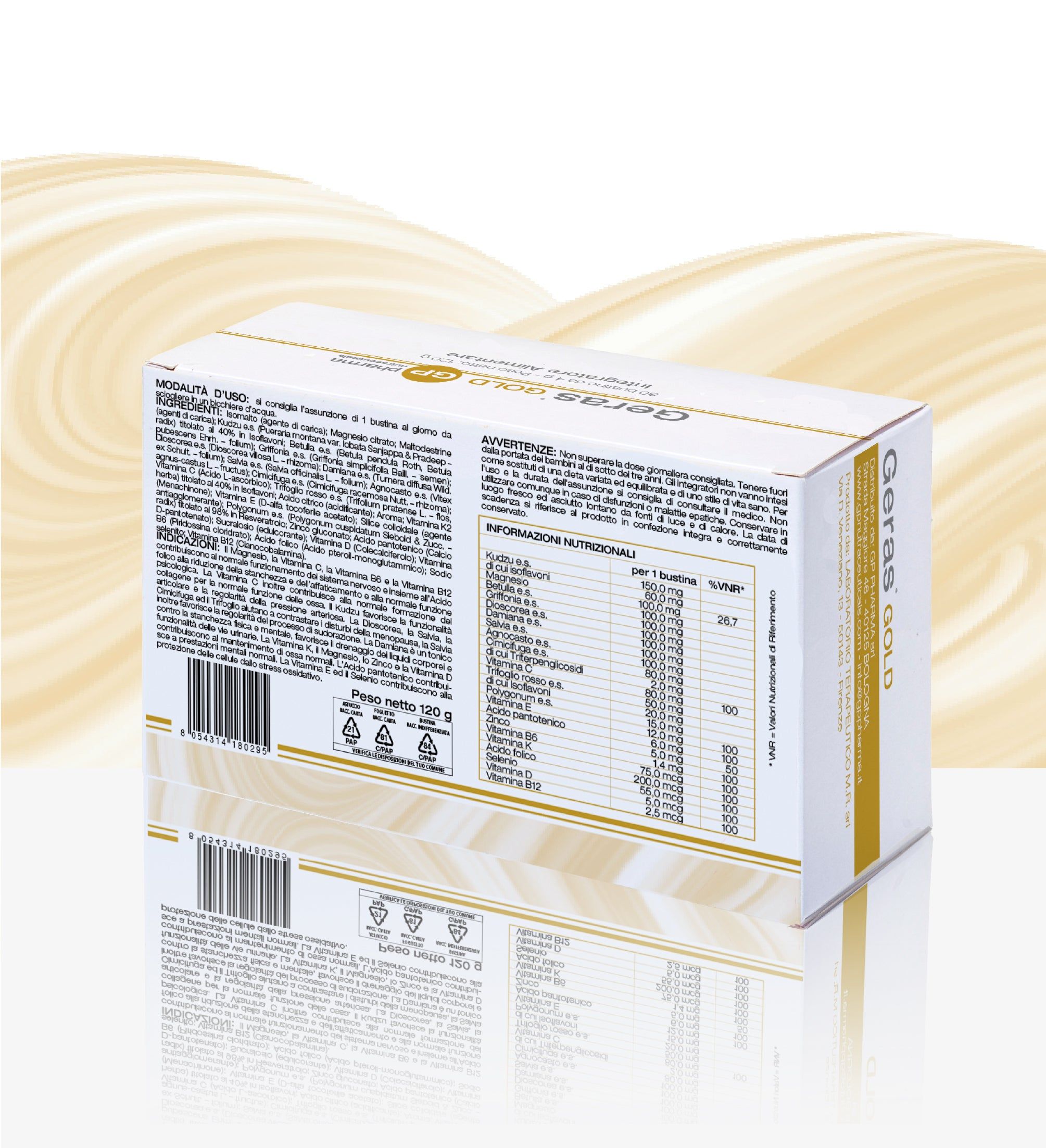 Collage con testo 'Perché assumere GERAS GOLD?'. In basso: mani con pillole, donna con pillola, ciotole con pillole.