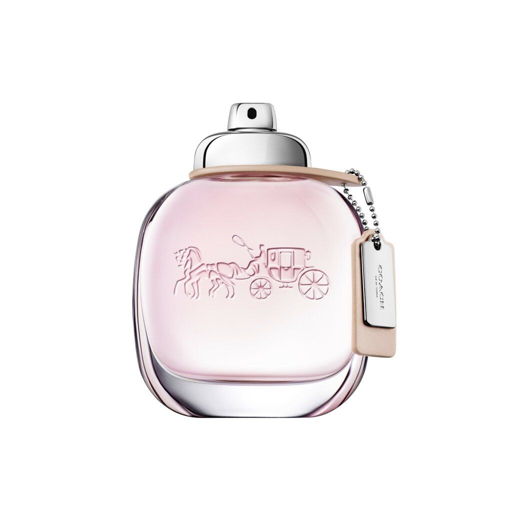Flacone rosa Eau de Toilette. Logo e scritta COACH. Ciondolo con logo. Flacone in vetro. Liquido rosa chiaro.
