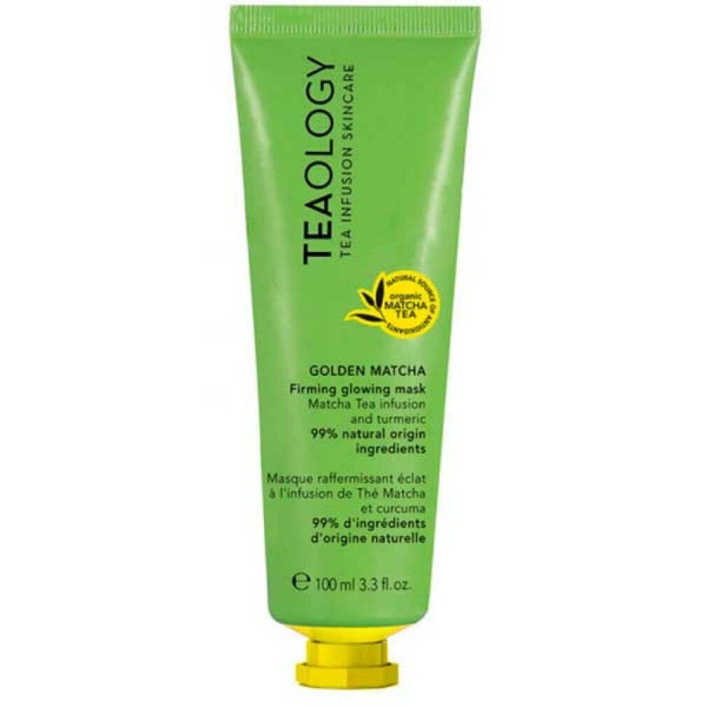 Tubo verde con tappo giallo. Scritta: TEAOLOGY, GOLDEN MATCHA Firming glowing mask, 99% ingredienti di origine naturale. 100 ml.