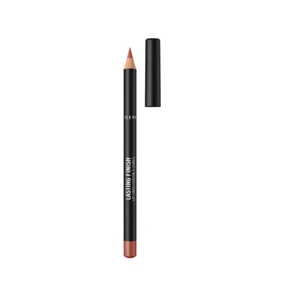Matita labbra Rimmel London Lasting Finish. Fusto nero, mina marrone e cappuccio rimosso. Testo: Lasting Finish, Lip Liner/Crayon à Lèvres.