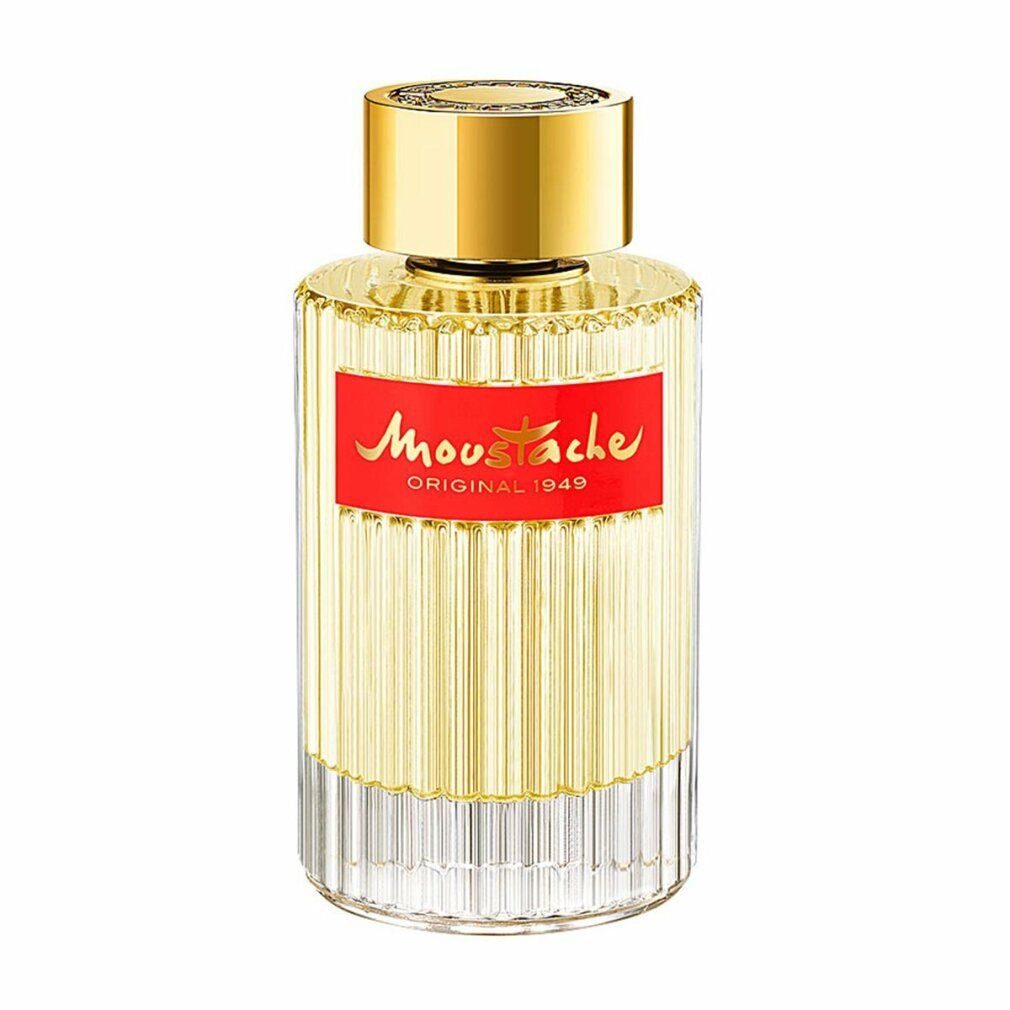 Flacone di Rochas Moustache Eau de Toilette. Forma cilindrica, vetro scanalato, etichetta rossa con testo dorato, tappo dorato.