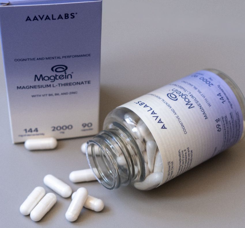 Capsule Aavalabs Magtein Magnesio L-Treonato, flacone rovesciato.