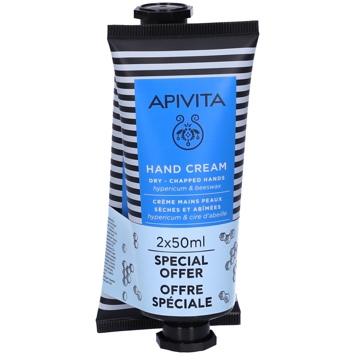 Due tubi di crema mani, confezione blu e bianca. Scritta: APIVITA, Hand Cream, 2x50ml, Offerta Speciale.