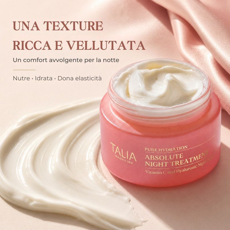Talia Pure Hydration Absolute Night Treatment in un vasetto rosa con crema ricca accanto.