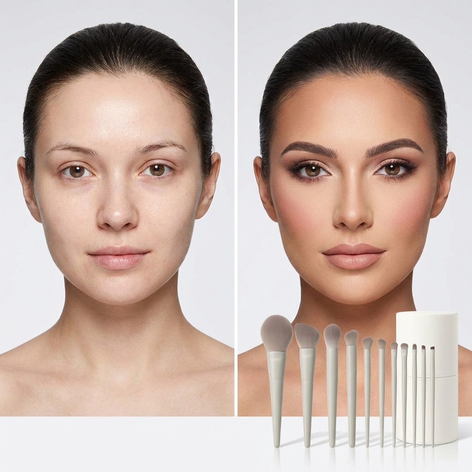 Set di otto pennelli per il trucco grigio chiaro in un contenitore bianco.