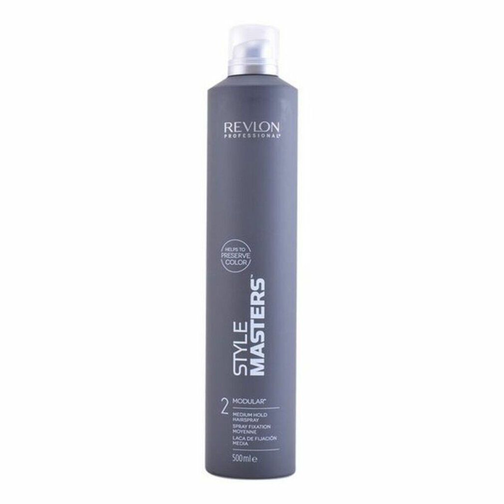 Flacone spray grigio con tappo bianco. Scritte: Revlon Professional, Style Masters, Modular, Medium Hold, 500ml.