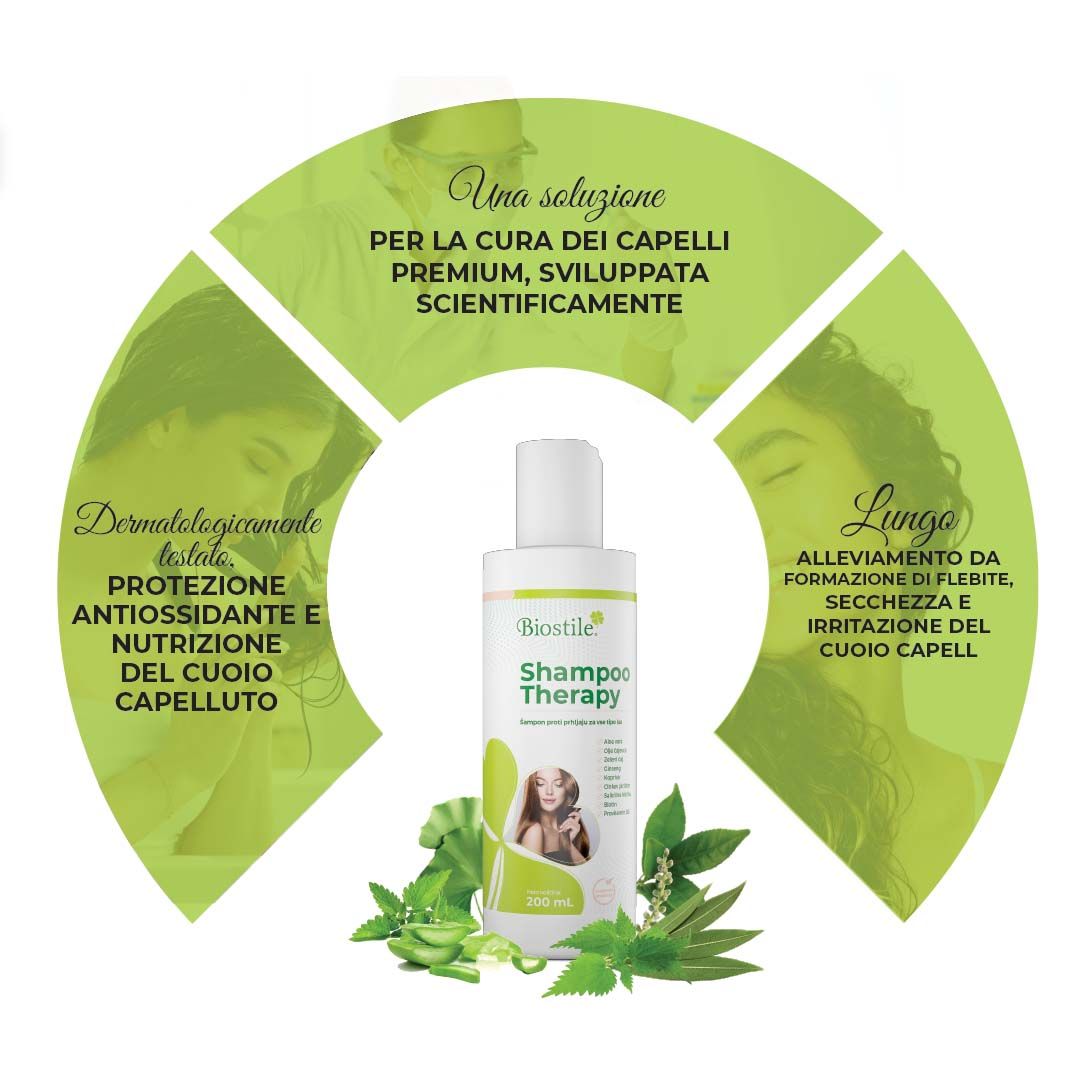 Grafica con Biostile Shampoo Therapy e soluzione scientifica. Design verde e bianco.