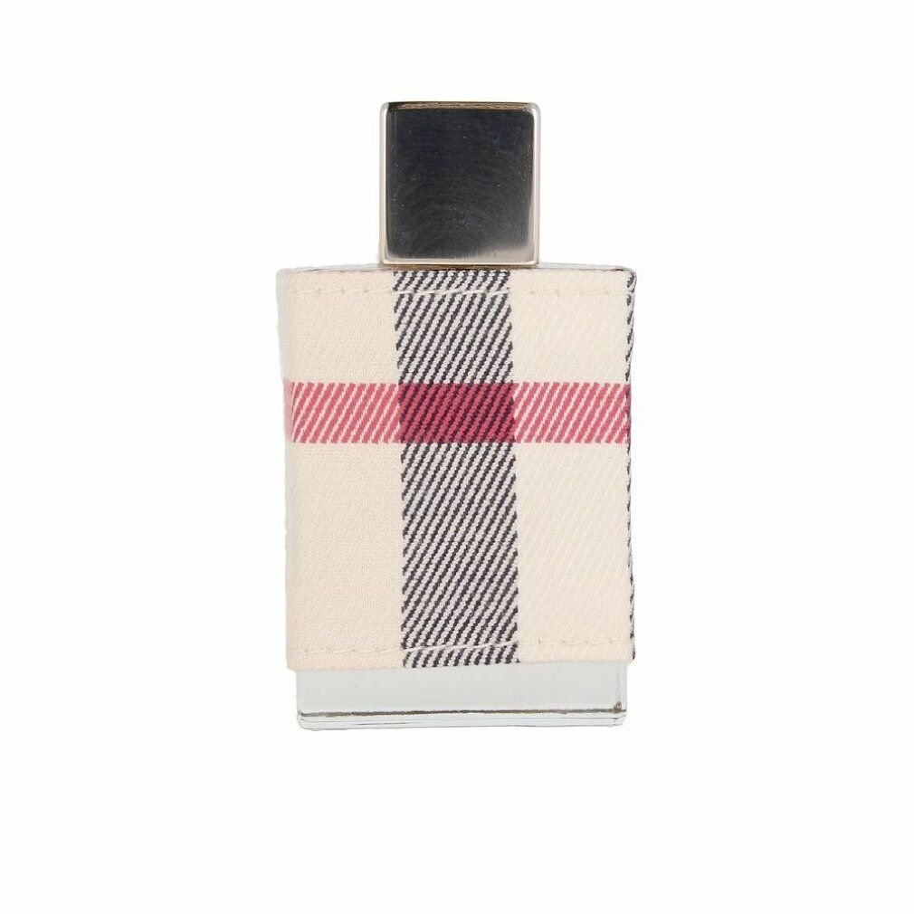 Burberry London Eau de Parfum Spray. Flacone con motivo a quadri. Tappo argentato. Forma rettangolare.