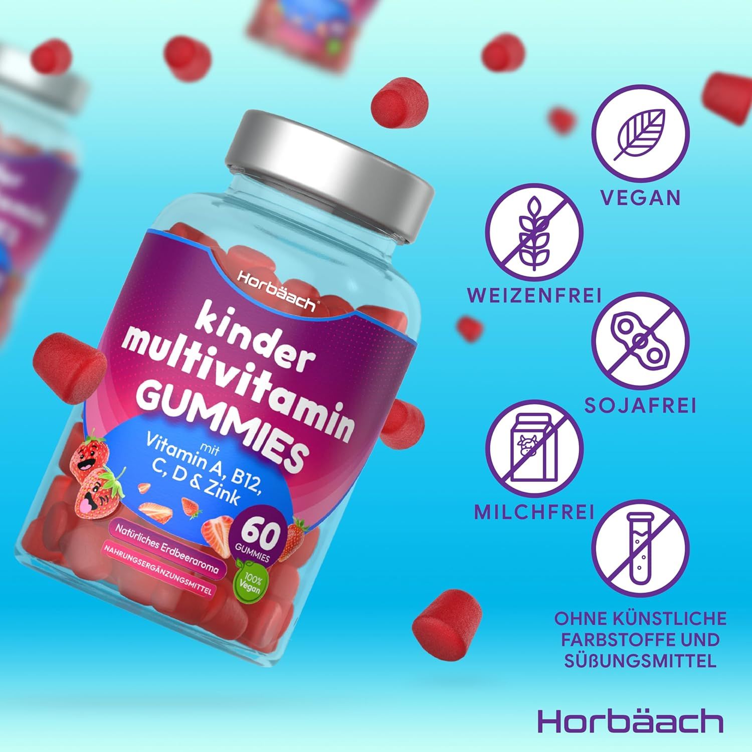 Bottiglia Horbaach Multivitamin Gummies bambini. 60 caramelle gommose. Vegano, senza grano, soia, latte. Senza additivi.