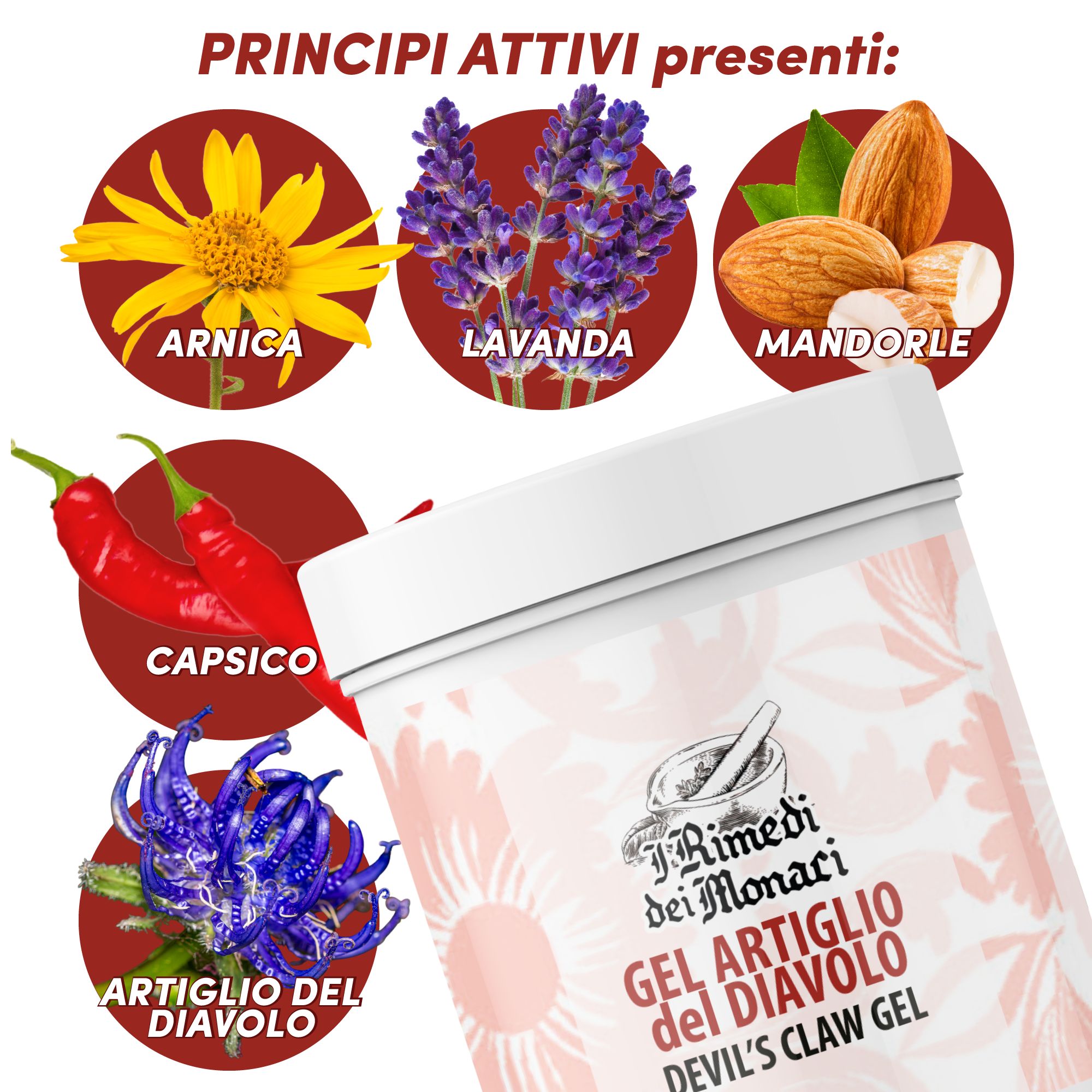Prodotto con ingredienti: Arnica, Lavanda, Mandorle, Capsicum e Artiglio del Diavolo. Logo e nome del prodotto.