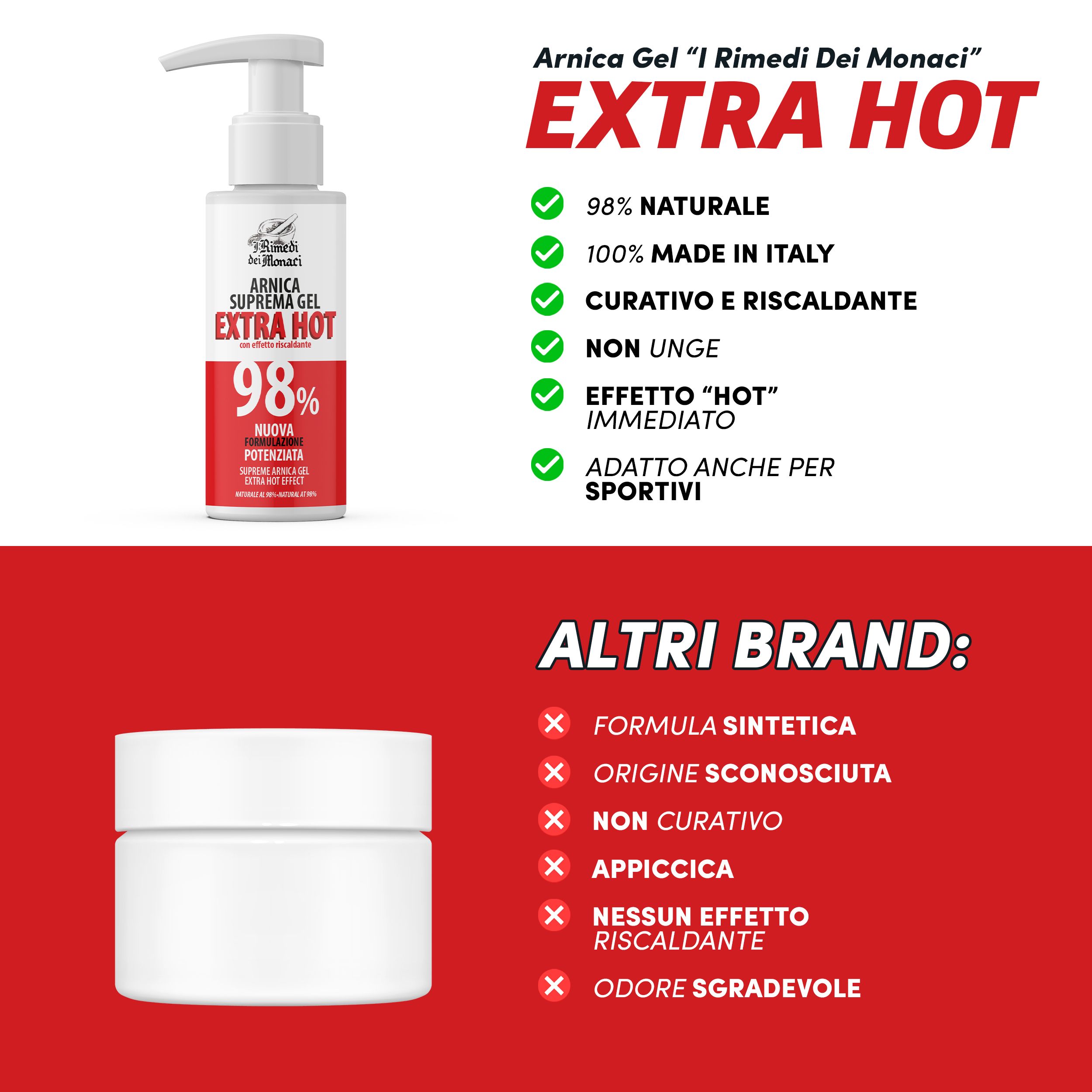 Flacone bianco con etichetta rossa. Testo: Arnica Suprema Gel Extra Hot 98%. Confronto con altri prodotti.