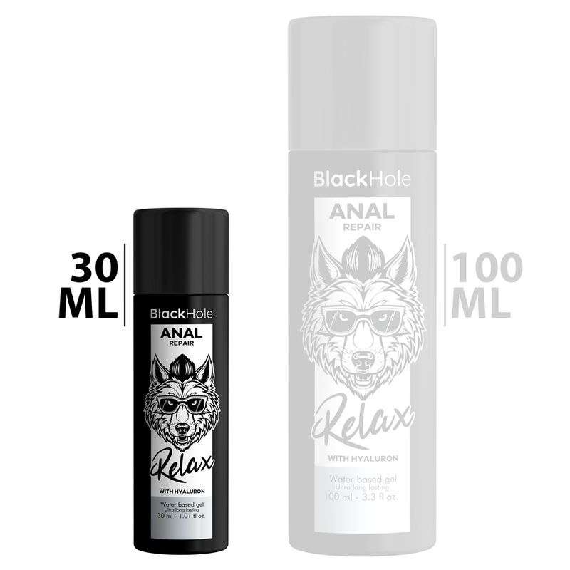 Due flaconi neri. 30 ml e 100 ml. Etichetta: Black Hole Anal Repair, Relax, con Hyaluron. Logo lupo.