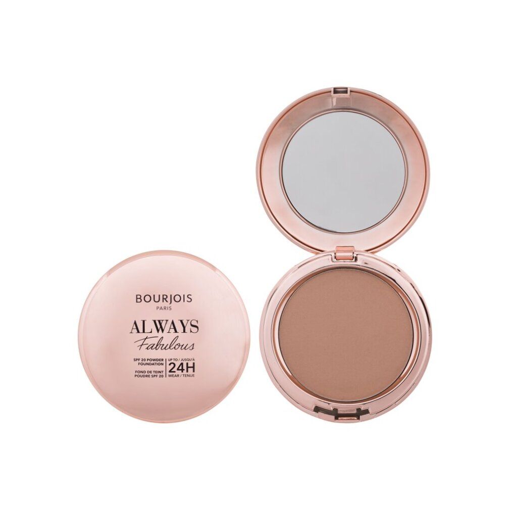 Cipria compatta Bourjois Always Fabulous. Astuccio rotondo rosa dorato aperto. Polvere di media tonalità visibile. Scritta SPF 20 e 24H.