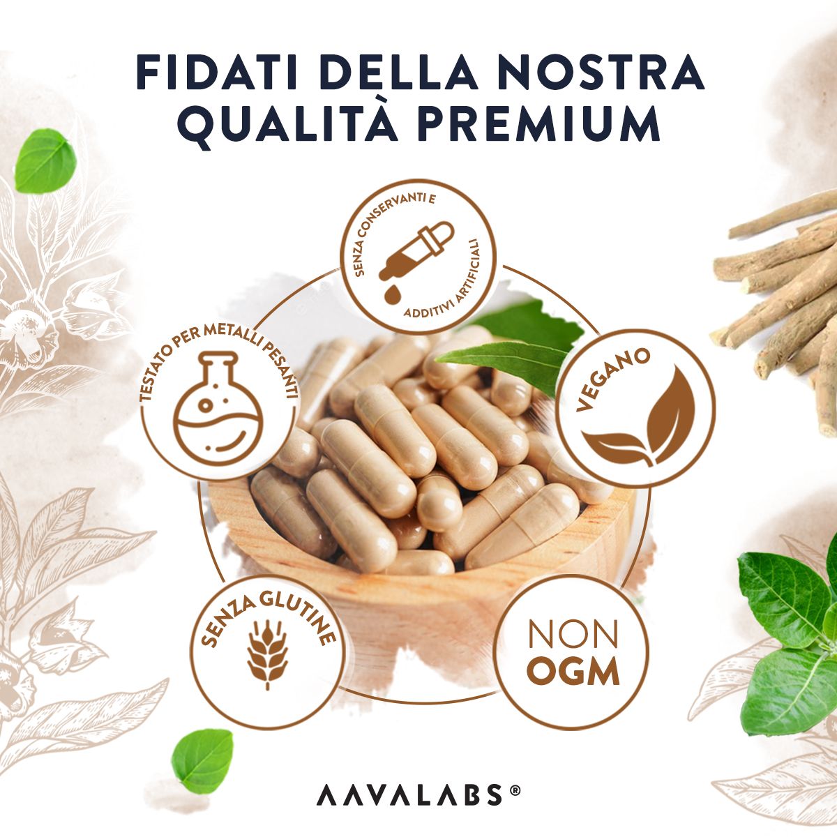Immagine promozionale con capsule e loghi. Scritta: Vegano, Senza glutine, Non OGM. Marchio: AAVALABS.