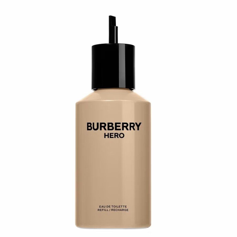 Flacone beige con tappo nero. Scritta: BURBERRY HERO Eau de Toilette Ricaricabile.