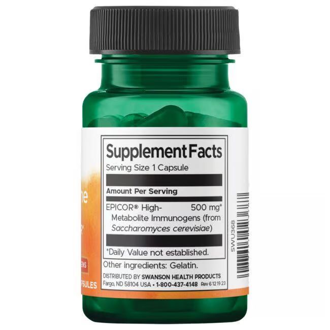 Retro di un flacone verde con tappo nero. Scritta: Supplement Facts, EpiCor 500 mg.