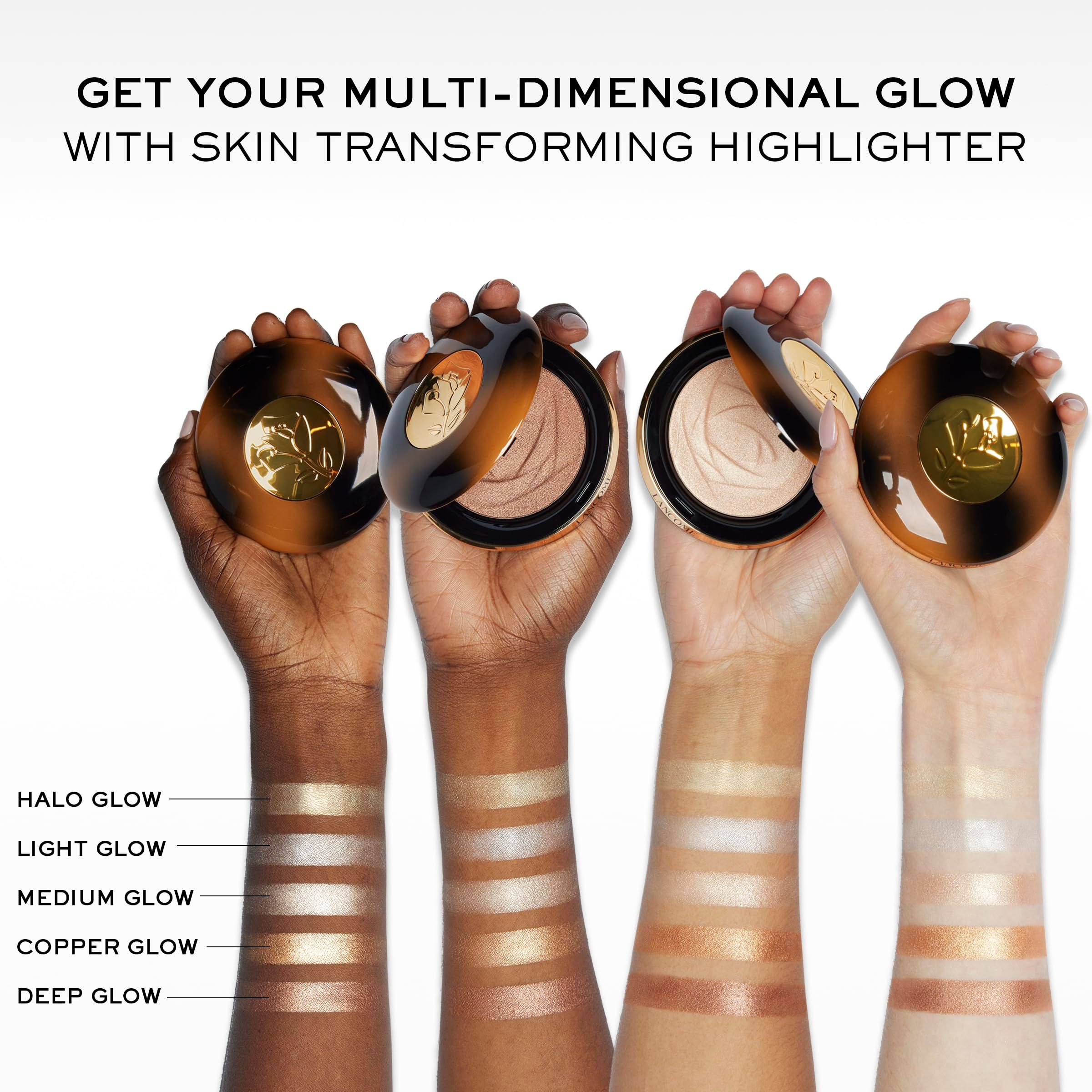 Mani che tengono polveri compatte illuminanti. Testo: HALO GLOW, LIGHT GLOW, MEDIUM GLOW, COPPER GLOW, DEEP GLOW. Campioni di colore sotto.