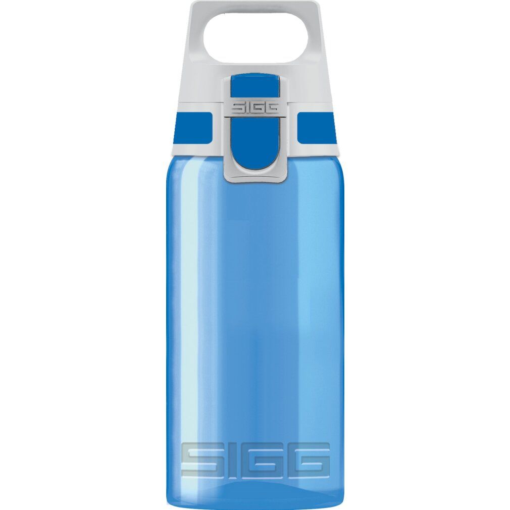 Borraccia blu con coperchio e manico bianchi. Il coperchio ha una chiusura blu. Il logo è visibile sulla bottiglia e sul coperchio.