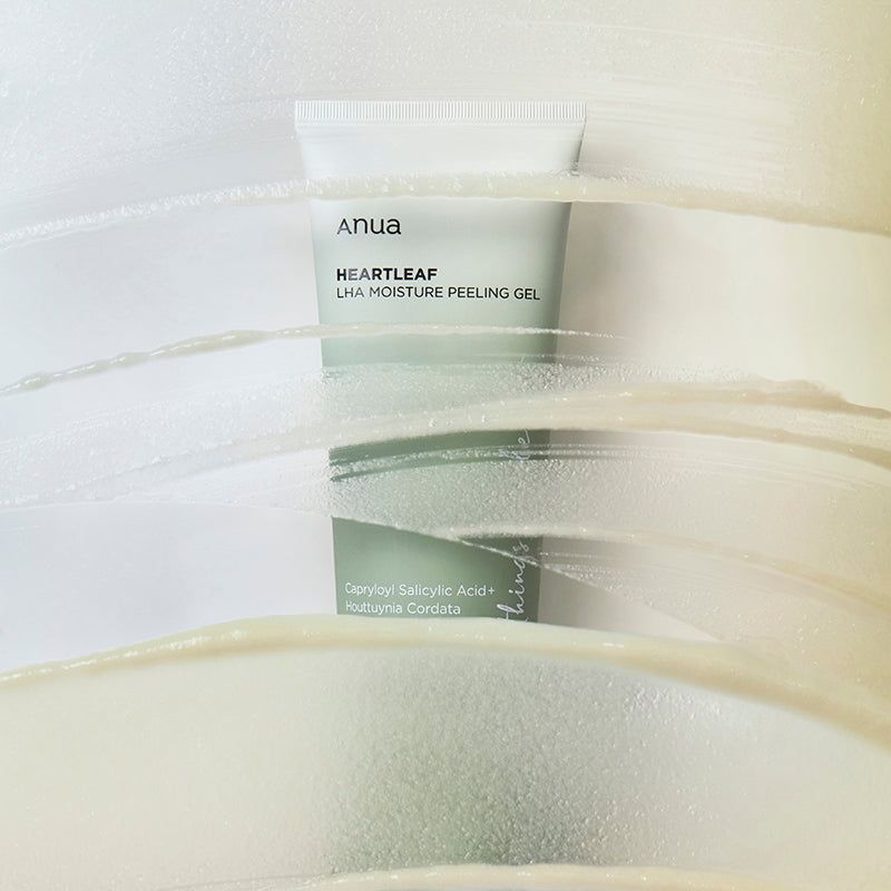 Tubo circondato da strisce bianche. Scritta: ANUA, HEARTLEAF LHA MOISTURE PEELING GEL.