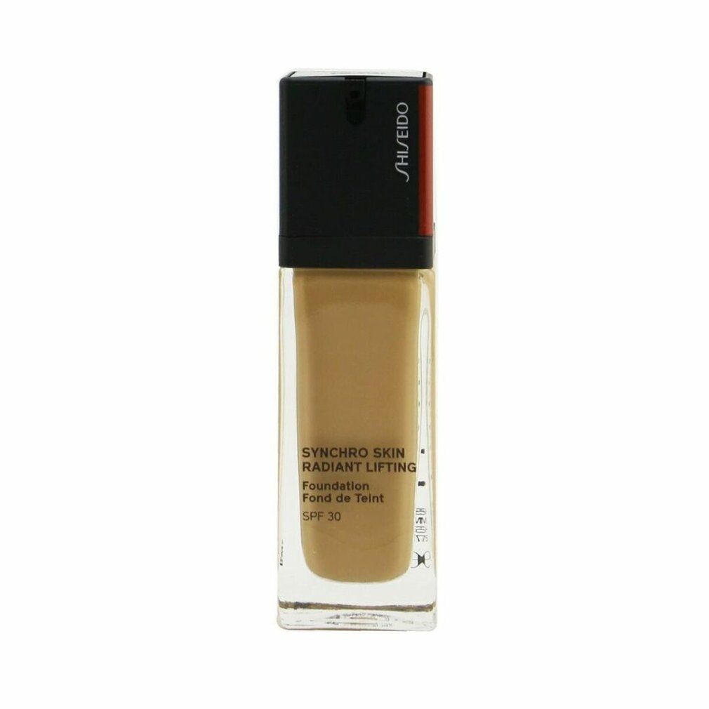 Fondotinta Shiseido Synchro Skin Radiant Lifting. Flacone in vetro con tappo nero. Testo: Synchro Skin Radiant Lifting, SPF 30.