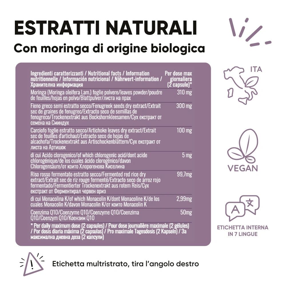 Informazioni nutrizionali. Ingredienti: Moringa, fieno greco, carciofo, acido clorogenico, riso rosso, Monacolina K, Q10.