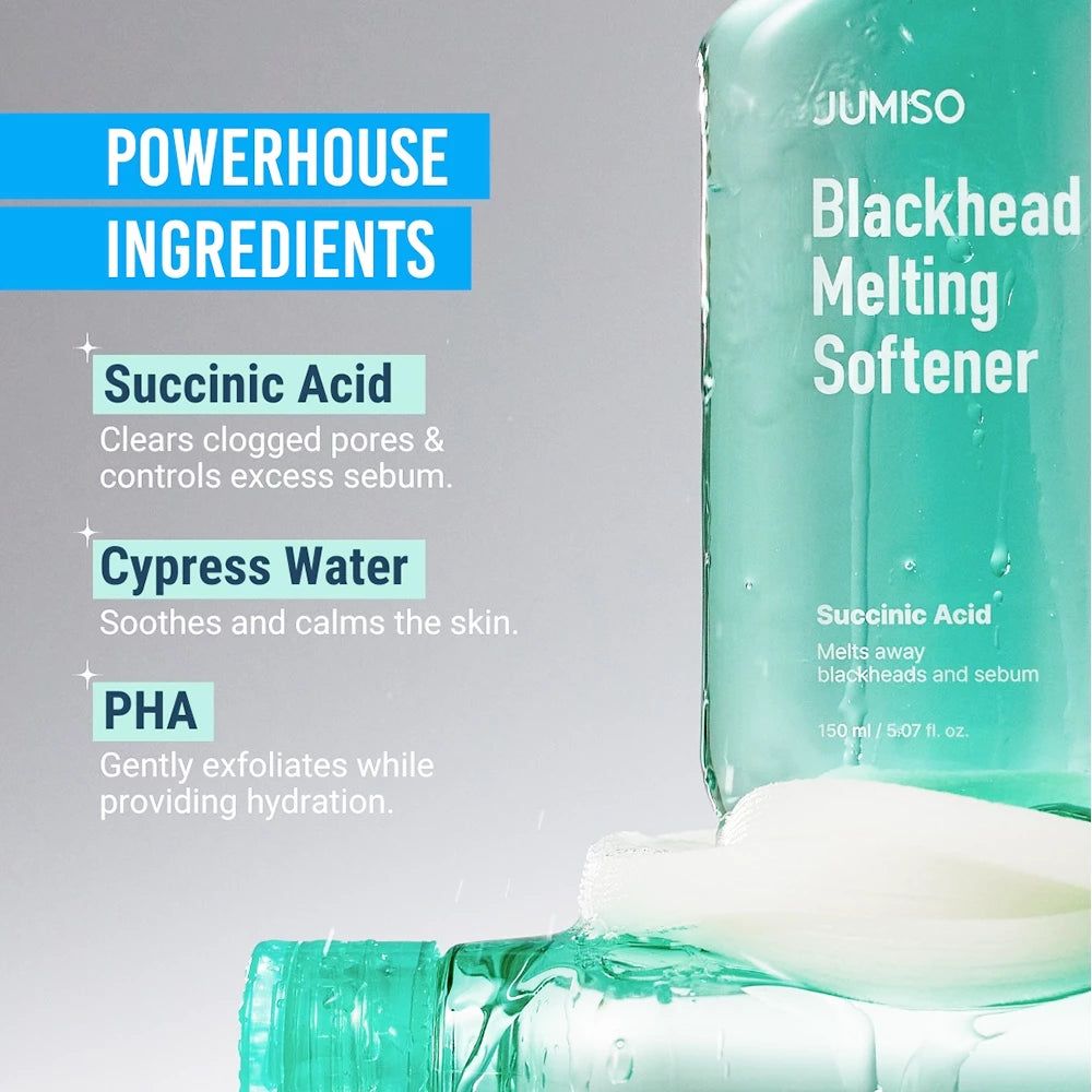 Flacone turchese con nome del prodotto. Testo: Ingredienti: Acido succinico, acqua di cipresso, PHA.