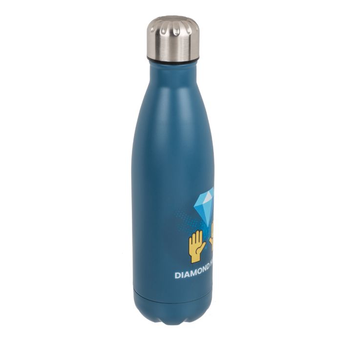 Borraccia blu con tappo argentato. Stampa: diamante e mani con scritta "Diamond Hands".