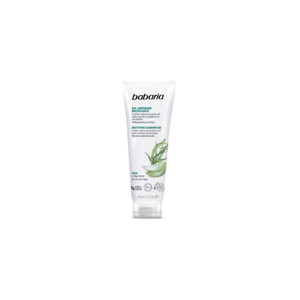 Tubo di gel detergente viso opacizzante Babaria all'Aloe Vera, con motivo di aloe e alghe verdi.
