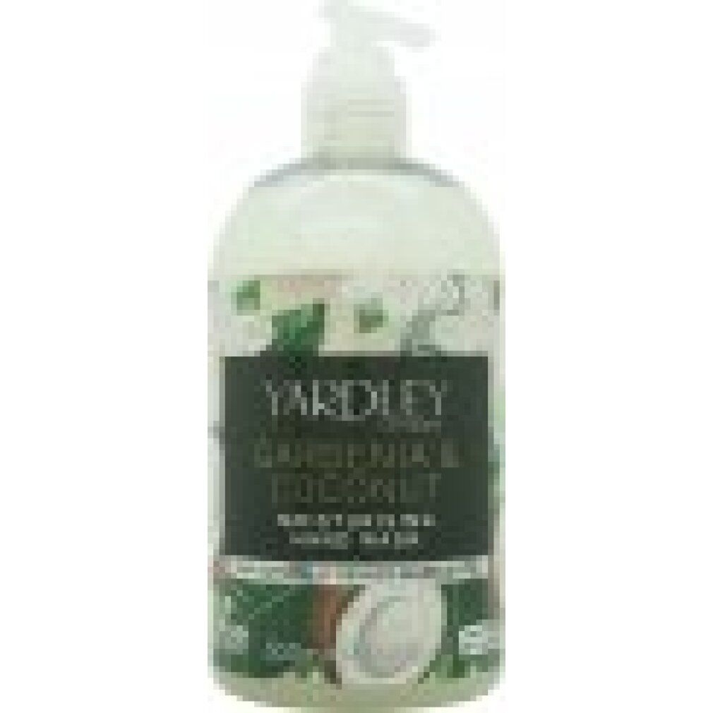 Sapone per le mani con dispenser. Scritta: Yardley London Gardenia & Coconut. Contiene il 96% di ingredienti di origine naturale. Vegano.