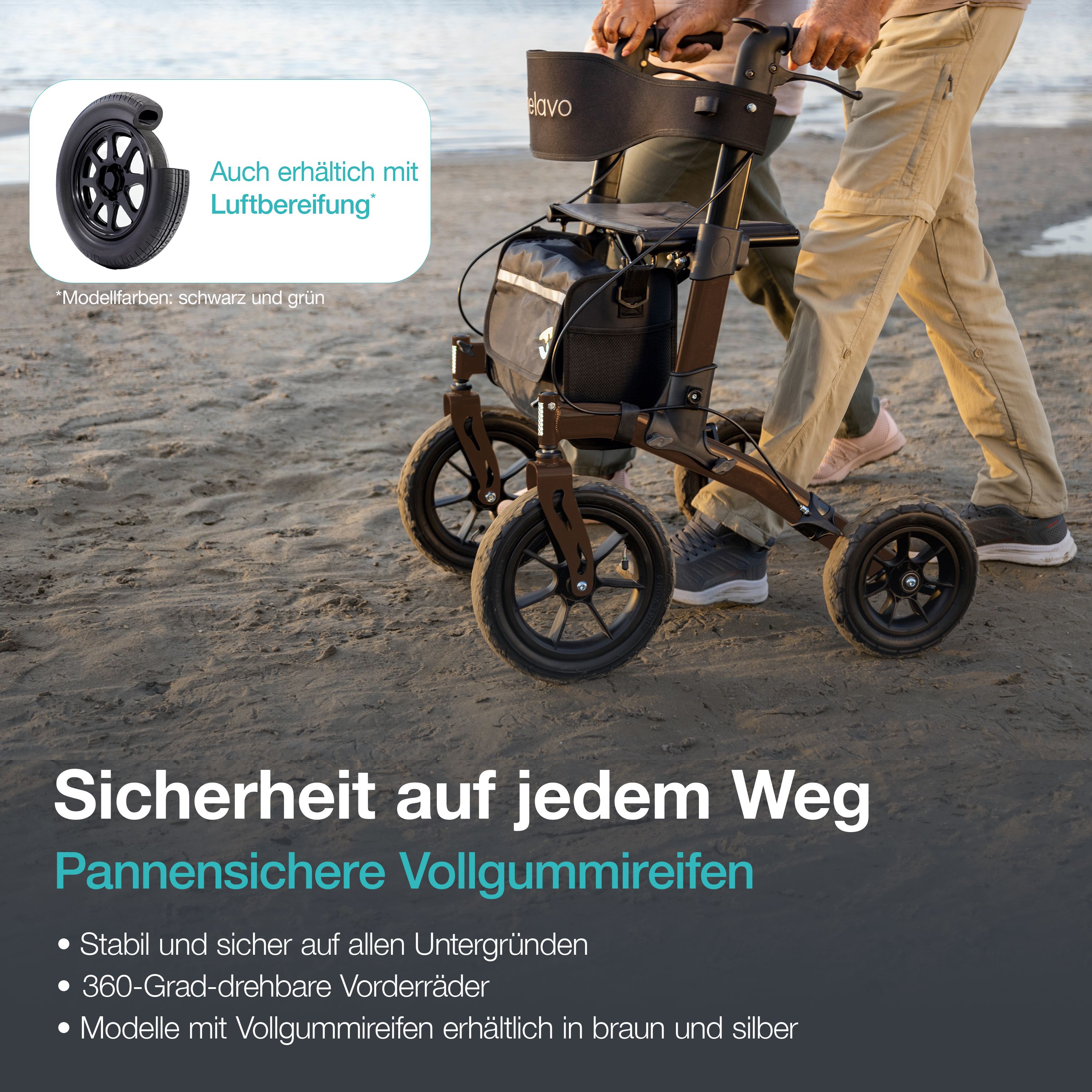 Rollator Helavo con pneumatici pieni antiforatura, ruote anteriori a 360°, sulla sabbia.