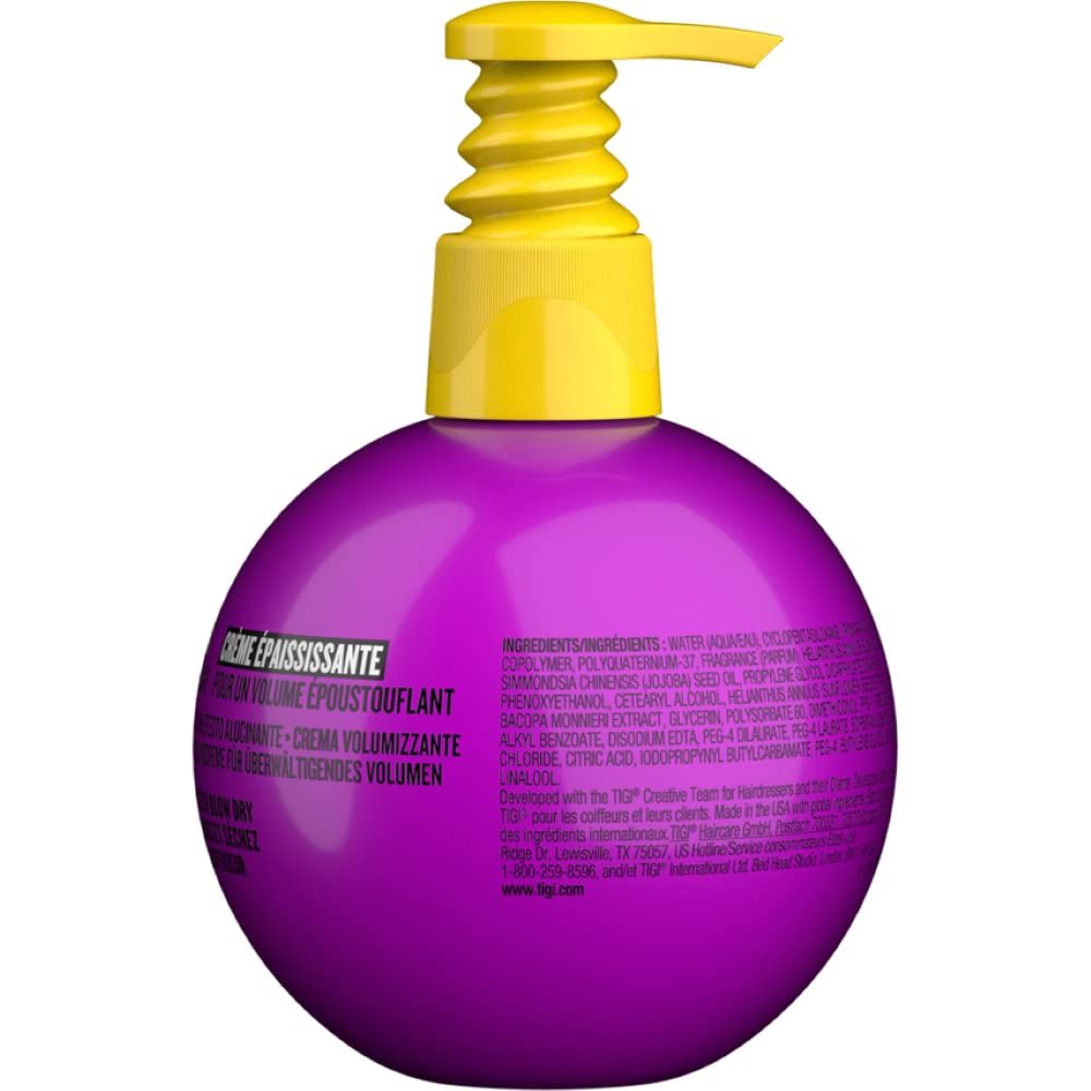 Flacone rotondo viola con erogatore giallo. Retro con ingredienti e testo.