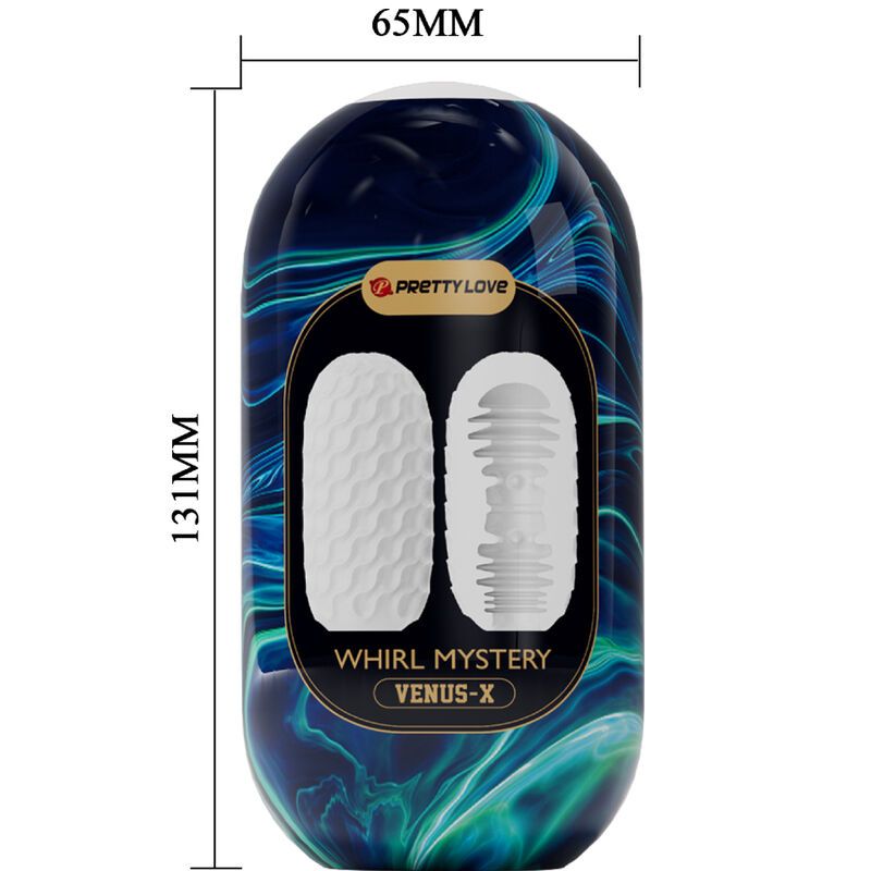 Prodotto ovale con confezione blu-verde, testo: VENUS-X, PRETTY LOVE. Dimensioni: 131mm x 65mm. Prodotto con superficie ondulata.