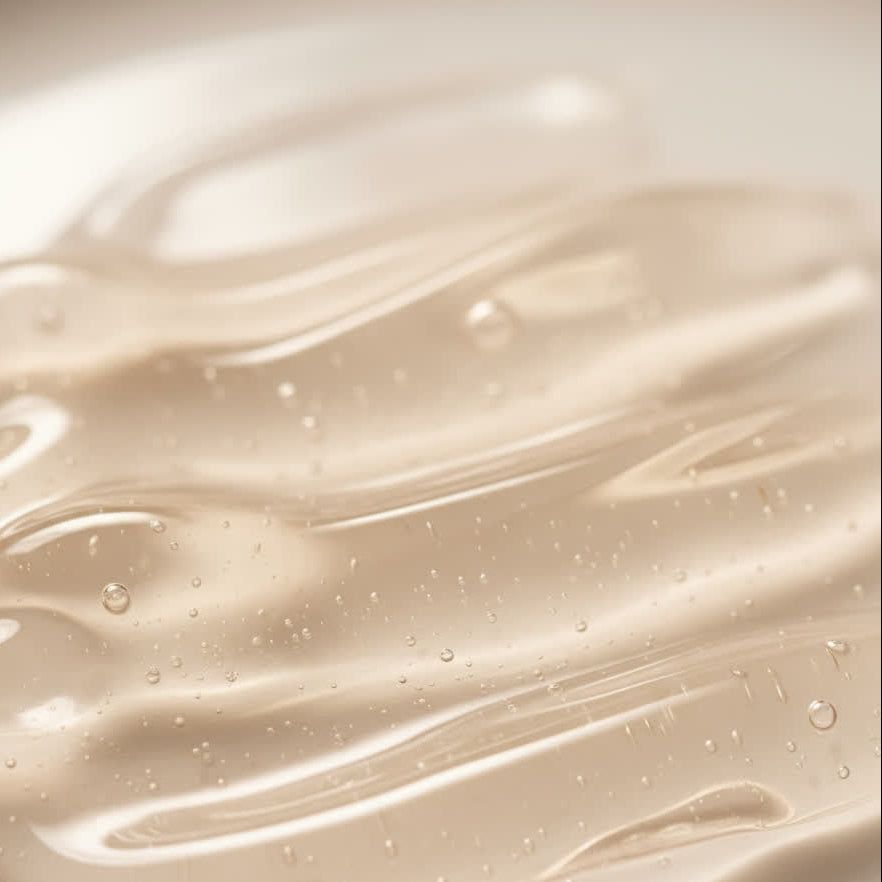 Primo piano di un liquido trasparente giallastro con bolle. Texture ondulata.