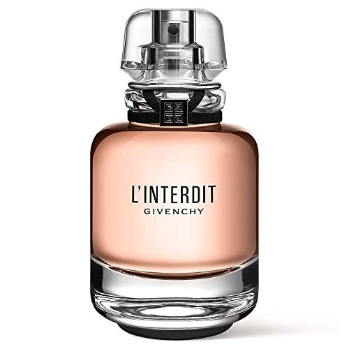 Flacone di profumo rosa. Testa spray trasparente, nastro nero. Scritta L'Interdit e Givenchy.