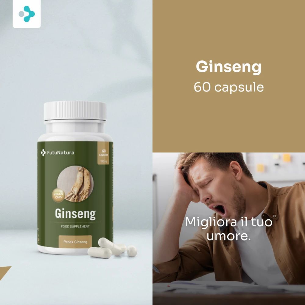 Flacone FutuNatura Ginseng. 60 capsule. Uomo sbadiglia accanto. Scritta: Ginseng, Food Supplement. Testo: Migliora il tuo umore.