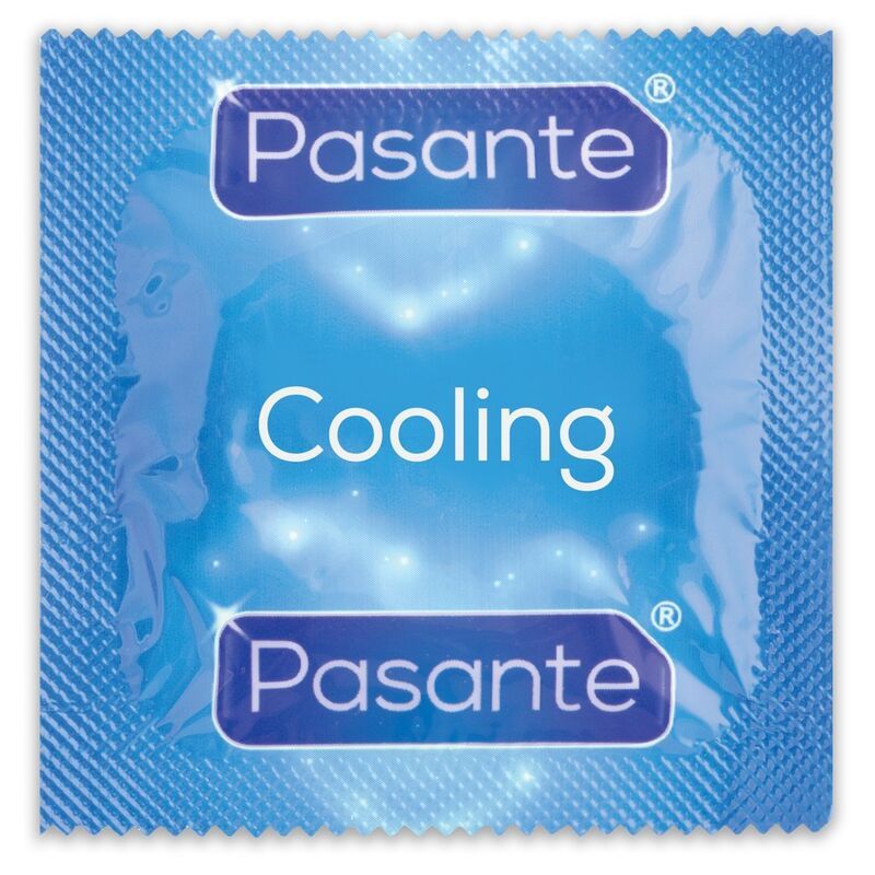 Preservativo Pasante Sensation: lunghezza 190mm, larghezza 52mm, con simboli umidità, punti, calore, freddo.