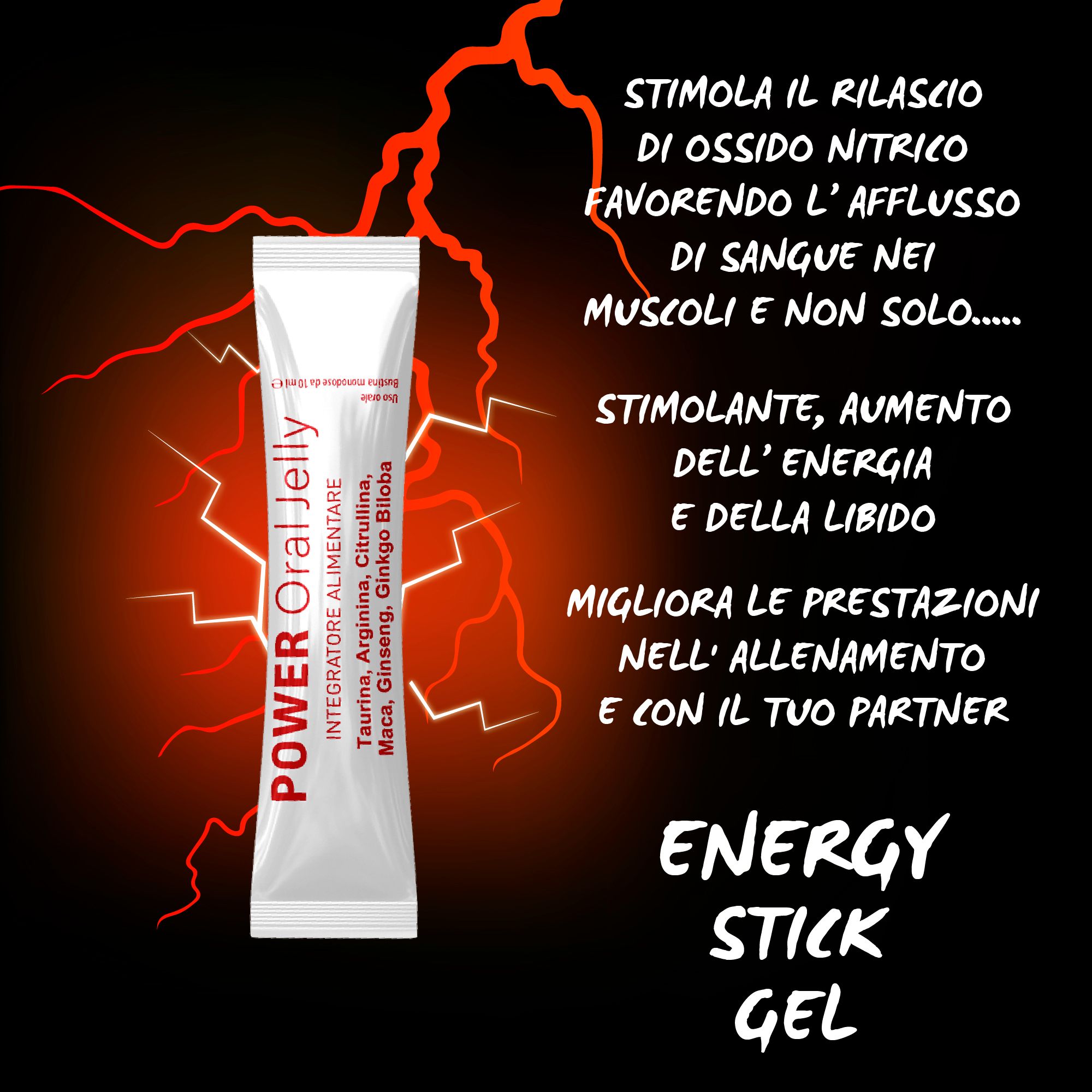 Bustina bianca con nome del prodotto e ingredienti. Sfondo rosso con testo.
