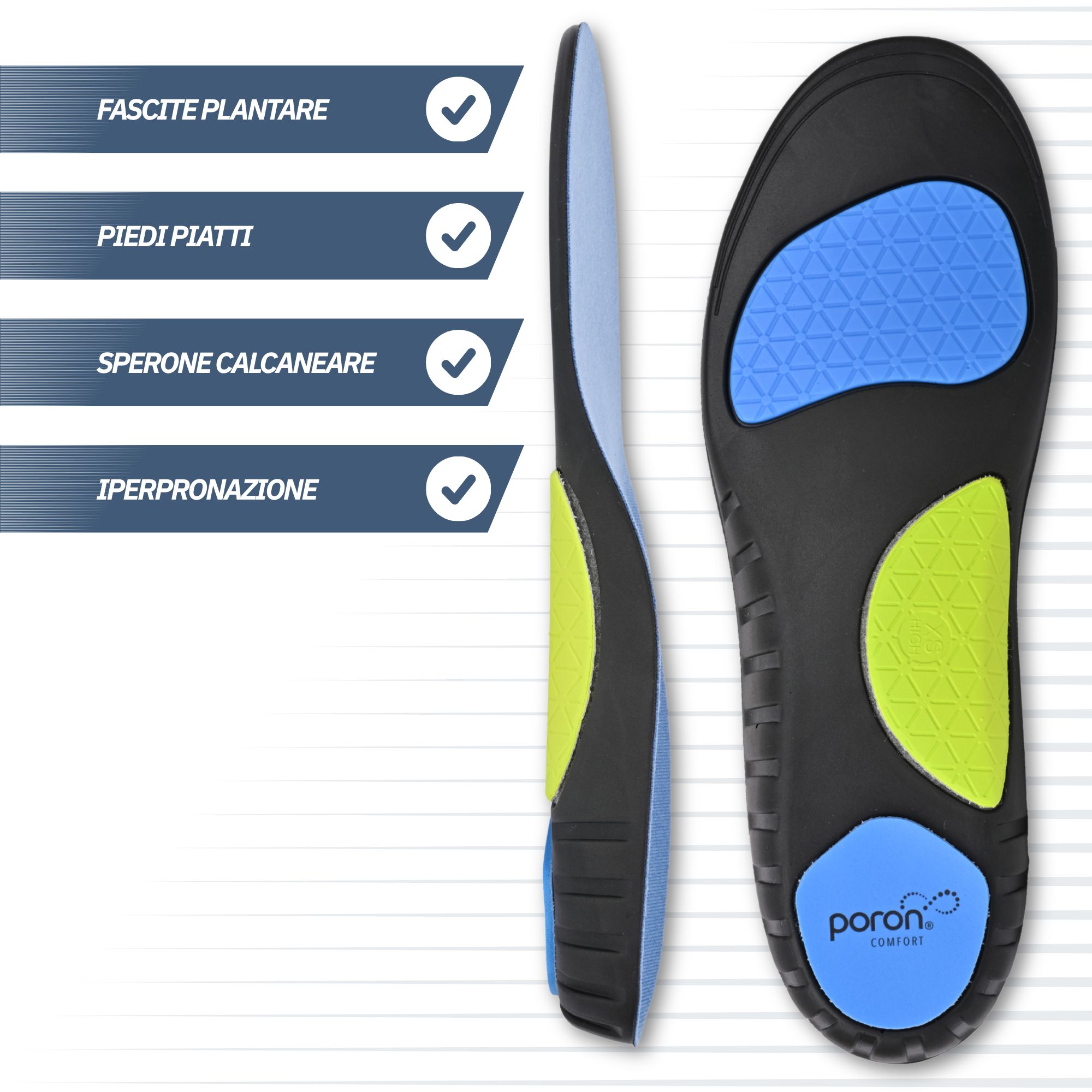 Soletta per supporto arco plantare, piedi piatti, sperone calcaneare e iperpronazione.