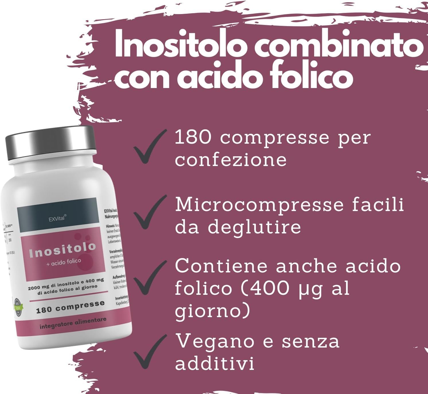 Flacone EXVital Inositolo + Acido Folico, 180 compresse. Testo: Inositolo + acido folico, 180 compresse.