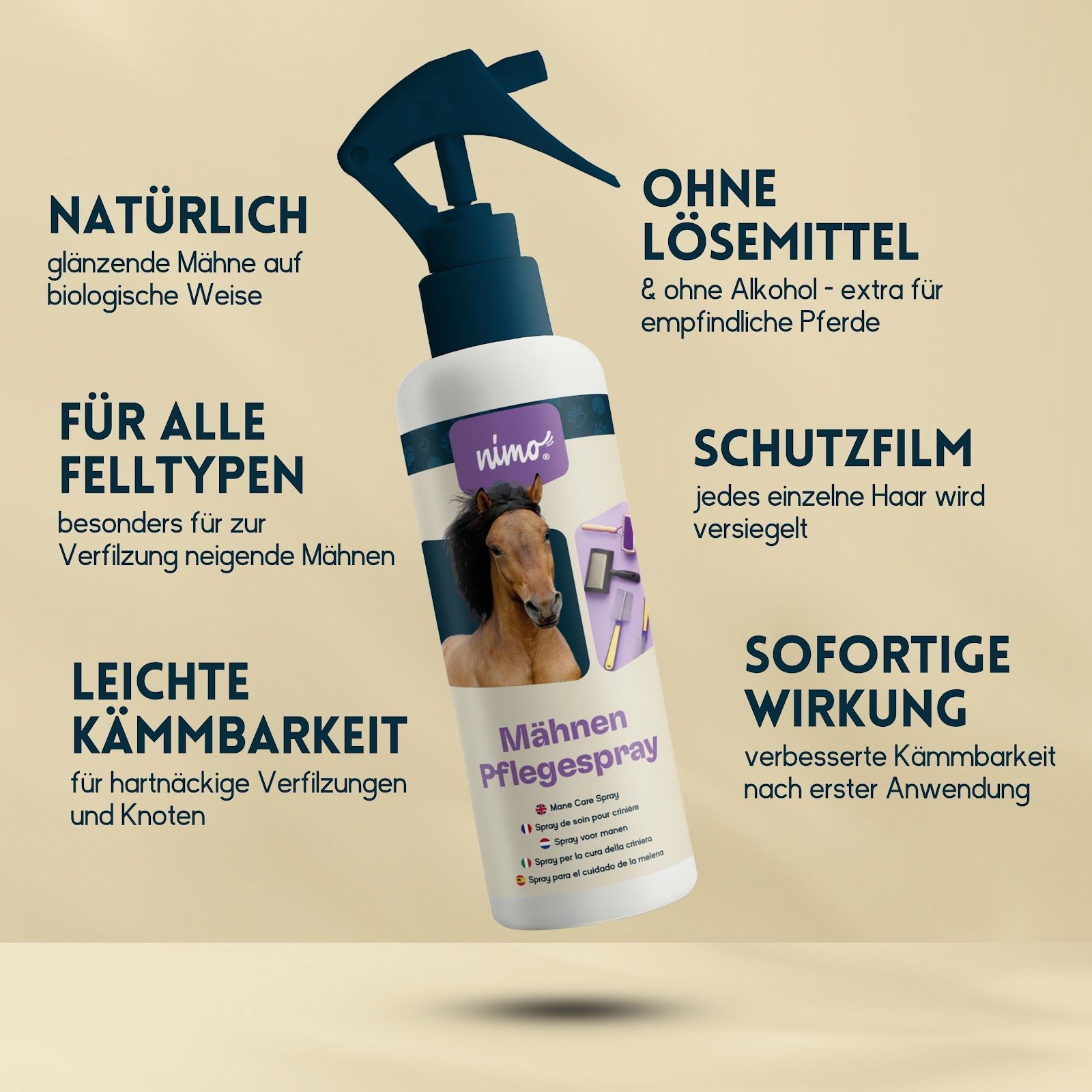 Spruzzatore con immagine del prodotto e testo: Mähnen Pflegespray. Testo: Criniera lucida naturale, senza solventi, per tutti i tipi di pelo.