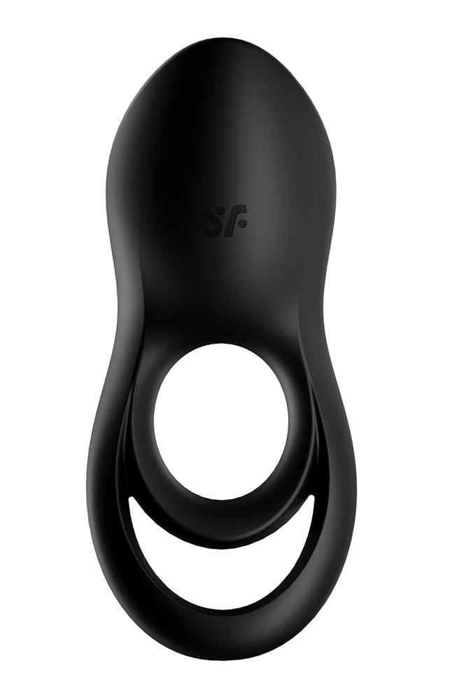Vibratore ad anello nero con due fori. Logo SF. Superficie liscia.