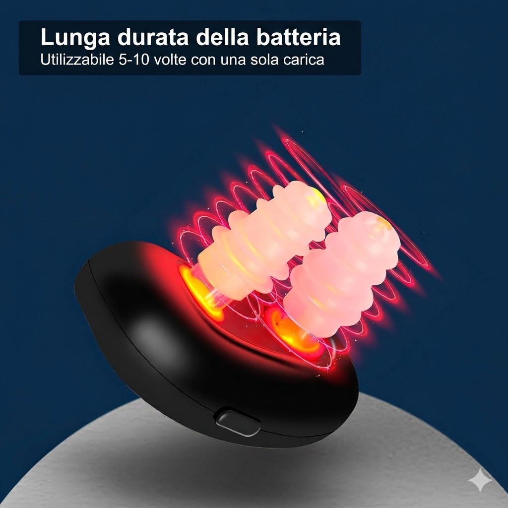 Dispositivo nasale con luce rossa. Testo: Lunga durata della batteria. Utilizzabile 5-10 volte con una carica. Onde luminose rosse.