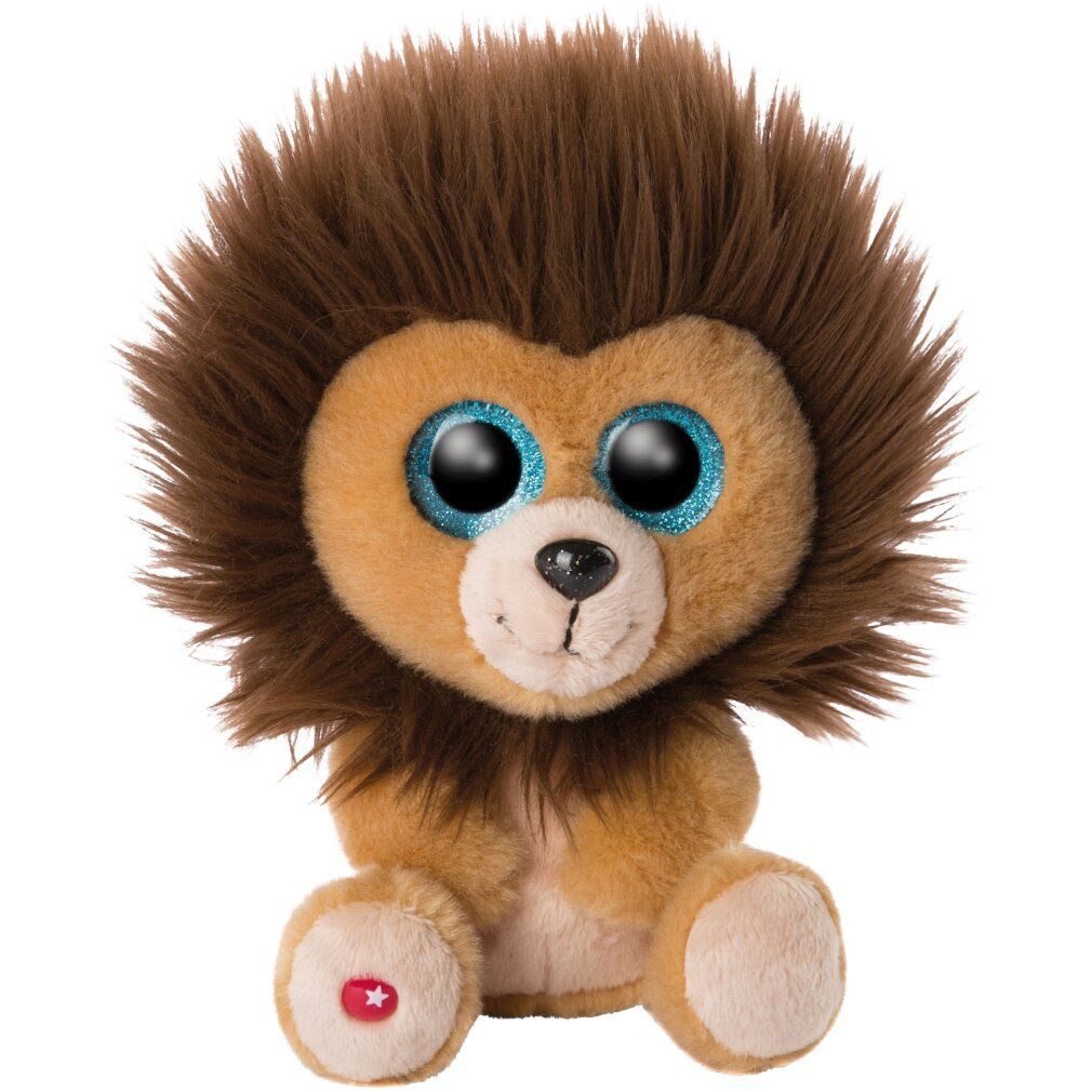 Peluche leone, pelo marrone, occhi glitterati blu, stella rossa sul piede. 15 cm circa.
